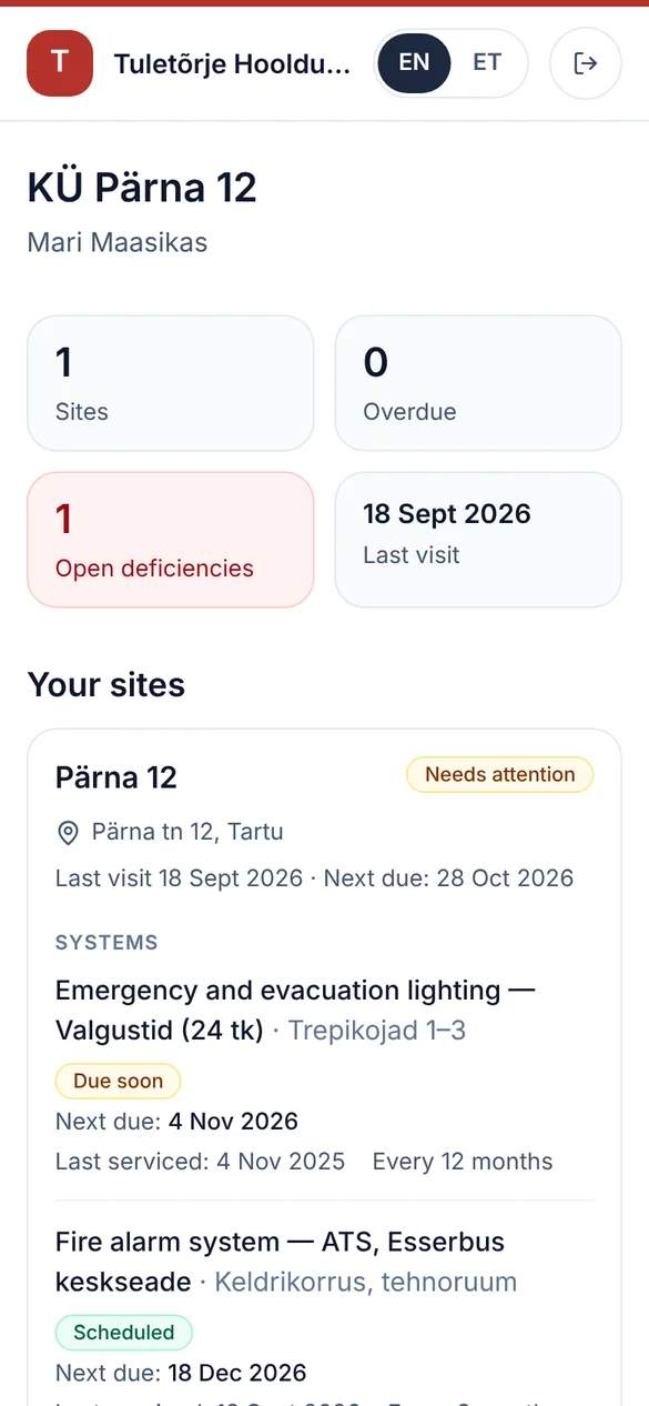 Customer page of KÜ Pärna 12 on a phone: one open deficiency, the last visit on 18 September and the systems with their next due dates