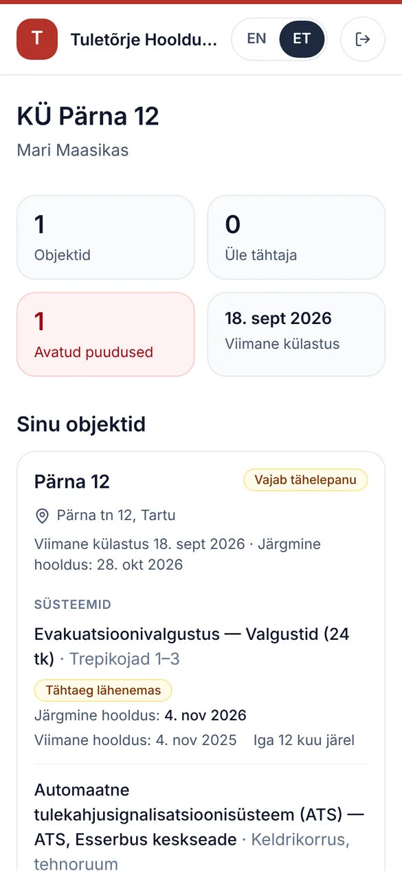 KÜ Pärna 12 kliendileht telefonis: üks avatud puudus, viimane külastus 18. septembril ja süsteemid koos järgmiste hooldustähtaegadega