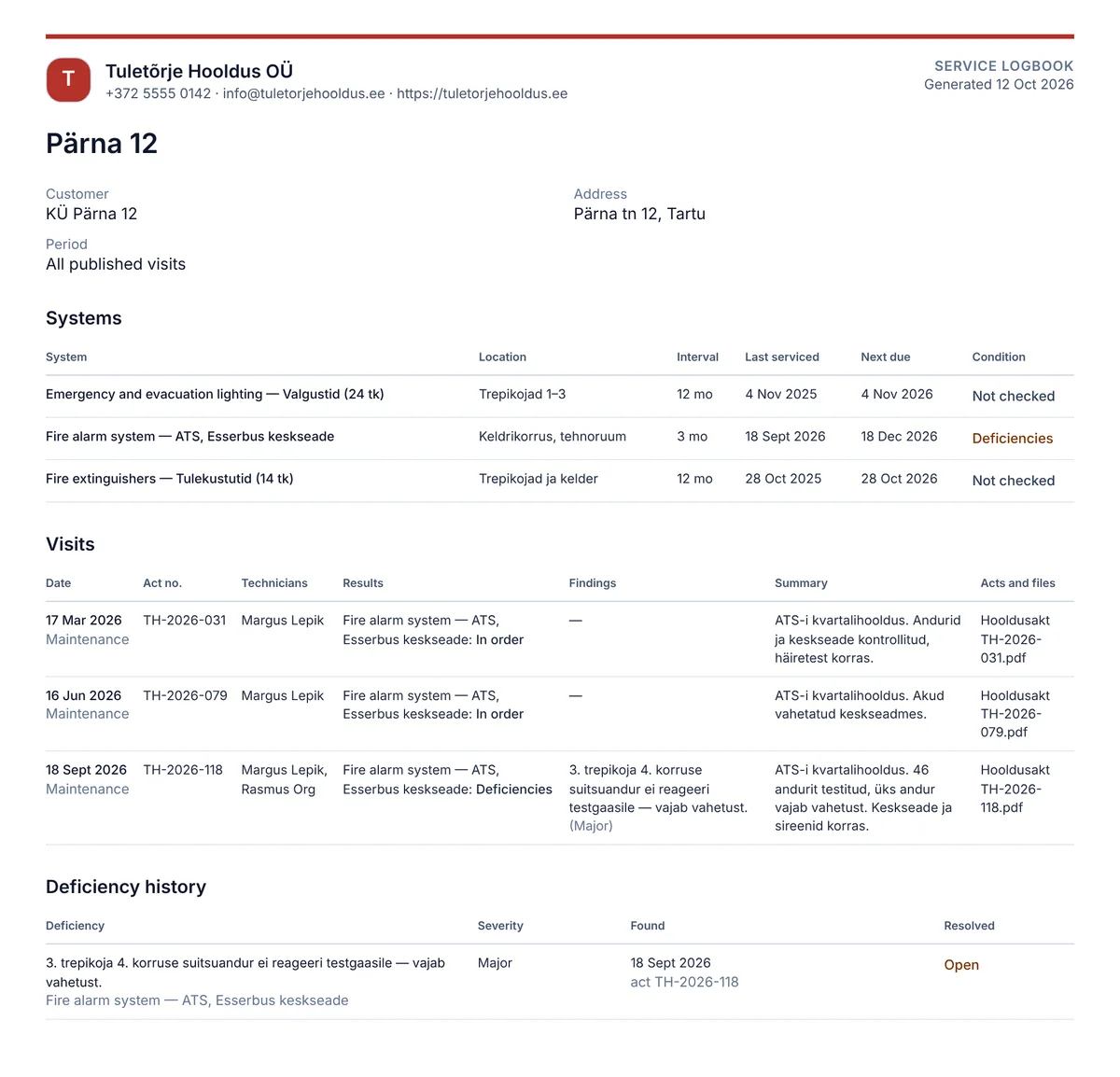 Printed service logbook for Pärna 12 with its systems, three visits with act numbers and one open deficiency