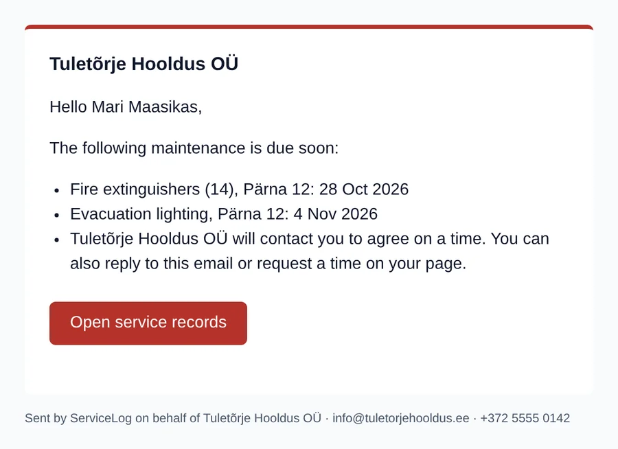 Reminder email from Tuletõrje Hooldus OÜ listing fire extinguishers and evacuation lighting due soon at Pärna 12