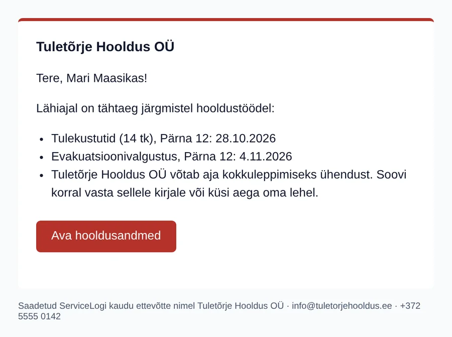 Tuletõrje Hooldus OÜ meeldetuletuskiri, kus on Pärna 12 tulekustutite ja evakuatsioonivalgustuse lähenevad hooldused